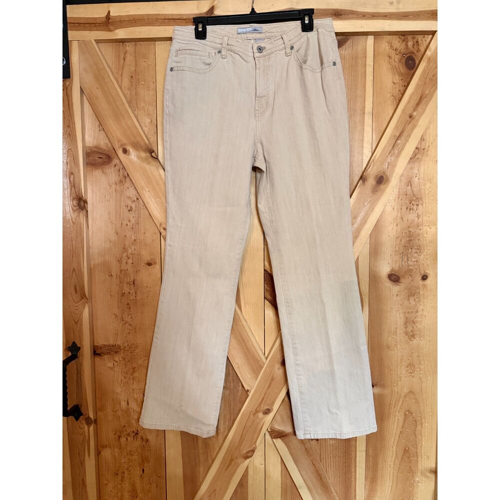 Chicos Platinum Tan Denim Cargo Pants Wide Leg Khaki Utility Y2K Sz 10 1.5 Med